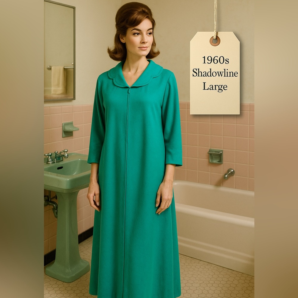 1960s Shadowline Robe Large Teal Brushed Zip Lounge